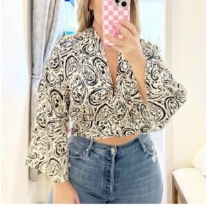 ZARA Bell Sleeve V Neck Cropped Paisley Blouse Top White Blue Small